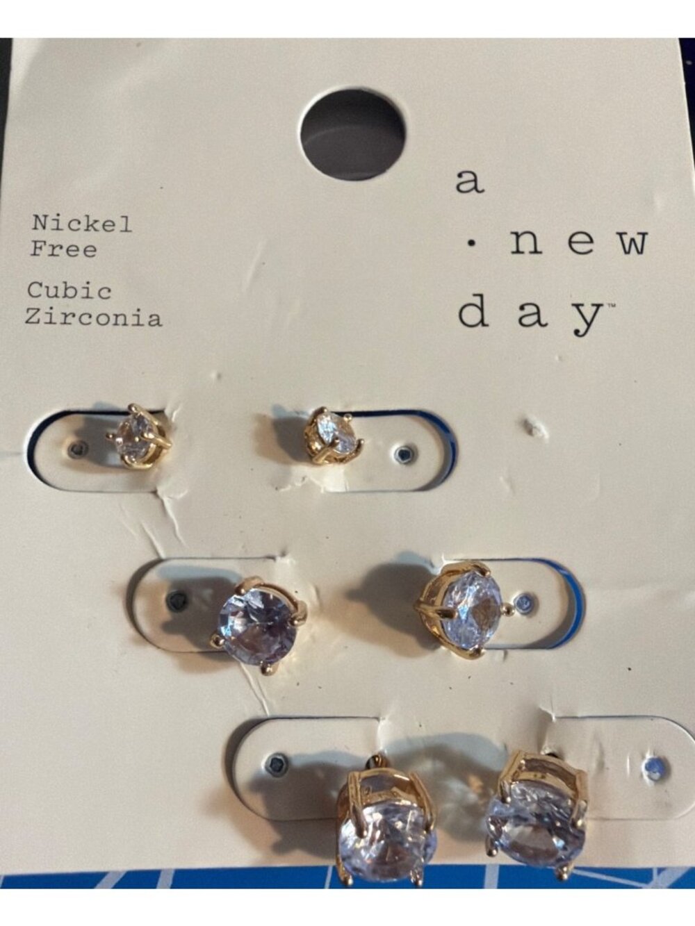 3 Pair A New Day Cubic Zirconia Gold Tone Solitaire Earrings Stud Graduated NEW